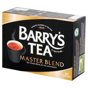 Each Box of Barry's Tea Master Blend contains 80 Tea Bags. Box Size: 250g / 8.8oz. Previously known as 'Classic Blend' the Master Blend uses the highest quality leaves for a richer, full bodied flavour. 
